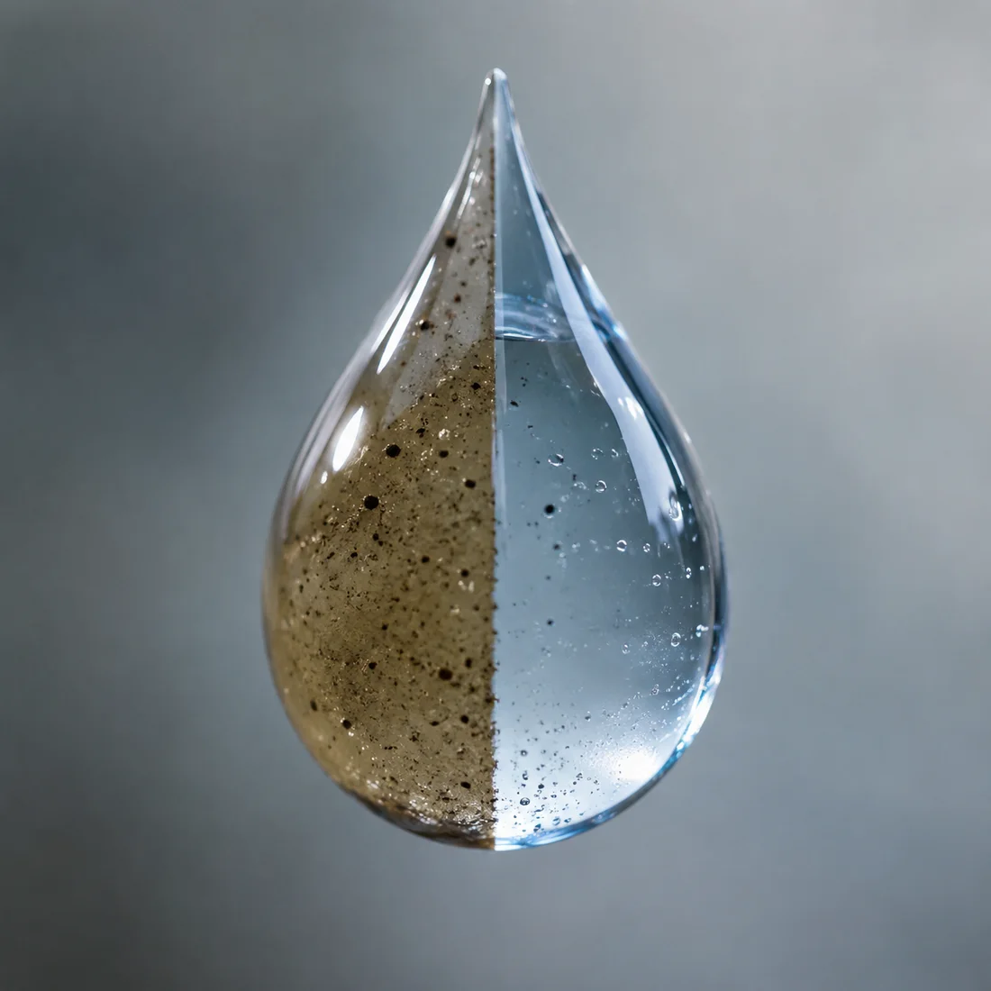 Gota de agua dividida al medio: contaminada de un lado, purificada del otro — la transformación que logra OPERSA